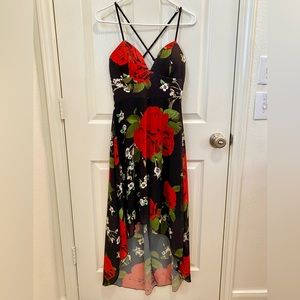 Dress floral black red low high party maxi midi